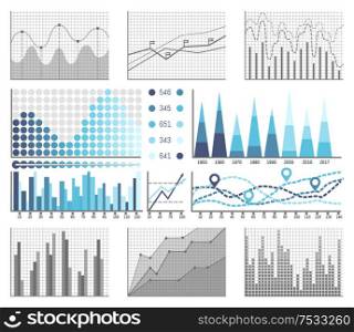 Infographics and diagnostics, charts and schemes vector. Visualized information in squared places, tables with data on project. Investigation results. Infographics and Diagnostics, Charts and Schemes