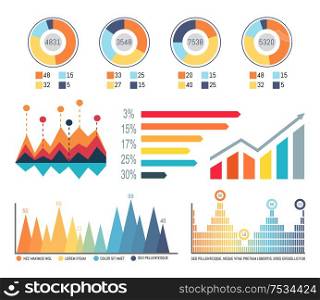 Infographics and diagrams, flowcharts information vector. Schemes of increasing results, conceptualization of received data. Numerical data statistics. Infographics and Diagrams, Flowcharts Information