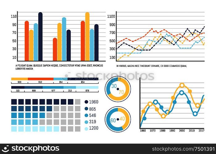 Infographics and flowcharts, pie diagram info vector. Visual information, statistics and research analysis results in schemes and infocharts layout. Infographics and Flowcharts, Pie Diagram Info