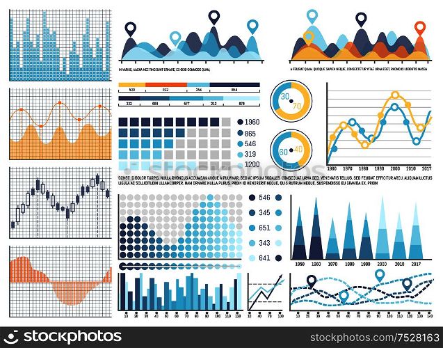 Infographics and flowcharts, pie diagrams set vector. Schemes with visualized data on projects, results and statistics. Rising and falling scales. Infographics and Flowcharts, Pie Diagrams Set