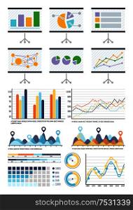 Infographics and flowcharts whiteboard presentation vector. Pie diagrams schemes of business visualized information. Board with infocharts and graphs. Infographics, Flowcharts Whiteboard Presentation