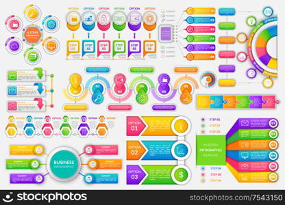 Infographics and infocharts financial strategy set of icons vector. Circles steps and options wallet with money finance idea schemes visualization info chart, graphic flat style. Infographics and Infocharts Financial Strategy
