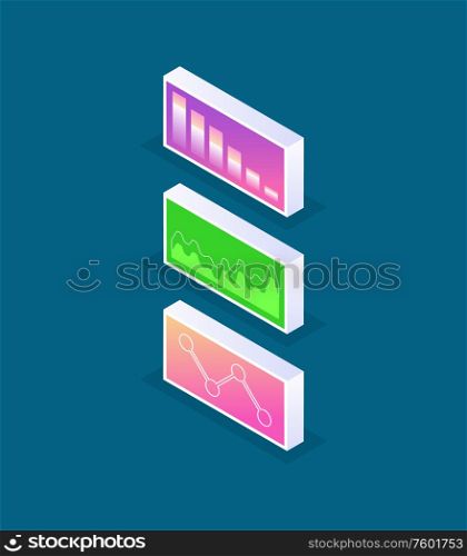 Infographics and infocharts vector, screen with representation of information visual forms and flowcharts data with flowcharts isolated monitors digital. Statistics Information in Visual Representation