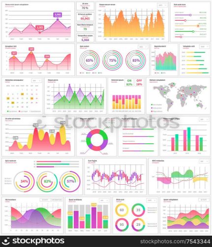 Infographics and infocharts visualization information vector. Scheme and diagrams set, map of world with colorful different parts analysis statistics, graphic flat style. Infographics and Infocharts Visualization Info