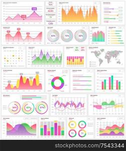 Infographics and infocharts visualization information vector. Scheme and diagrams set, map of world with colorful different parts analysis statistics, graphic flat style. Infographics and Infocharts Visualization Info