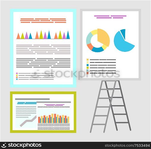 Infographics and infocharts, whiteboard charts vector. Board with information and explanation, data in visual representation, visualization diagrams. Infographics and Infocharts Whiteboard with Charts