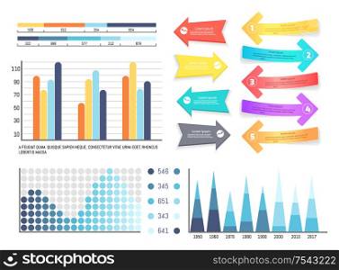 Infographics and pointers, information visual presentation vector. Arrowhead, scales and numeric data schemes. Flowcharts info concept visualization. Infographics and Pointers Information Presentation