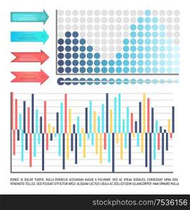 Infographics and scales, arrowheads and charts vector. Pointers and text sample explaining visual information. Schemes and flowcharts with numbers. Infographics and Scales, Arrowheads and Charts