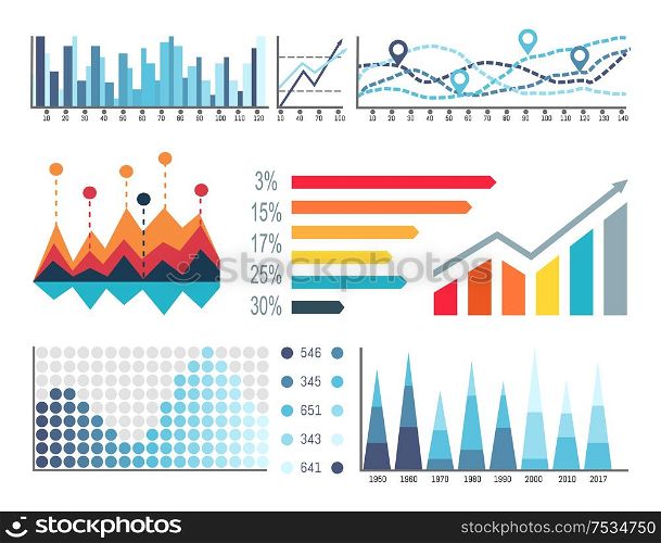Infographics and scales with location signs set vector. Graphics charts, colorful visualization of data, statistics and analyze results in flowcharts. Infographics and Scales with Location Signs Set