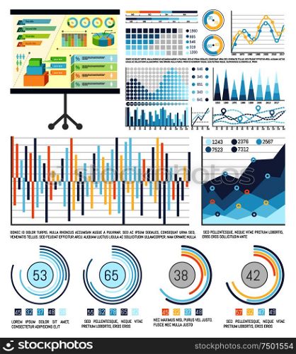 Infographics and schemes on whiteboard presentation stand vector. Graphics visualization of information, business figures and statistics analysis. Infographics and Schemes, Whiteboard Presentation