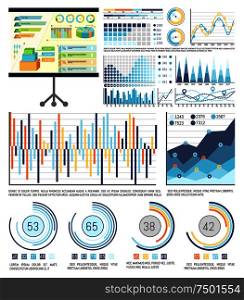 Infographics and schemes on whiteboard presentation stand vector. Graphics visualization of information, business figures and statistics analysis. Infographics and Schemes, Whiteboard Presentation