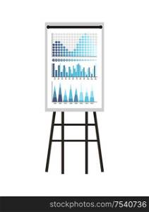 Infographics and schemes, statistics presentation vector. Whiteboard with visualized data, charts and growing flowcharts with timelines chronology. Infographics and Schemes, Statistics Presentation