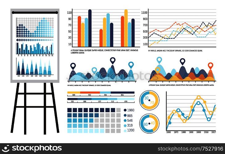 Infographics and tables on whiteboard presentation vector. Board containing strategy planning statistics results of investigation. Data in visual form. Infographics and Tables on Whiteboard Presentation