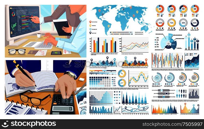 Infographics and world map, figures calculations by businessman vector. Examining and researching, brainstorming team with graphics and charts schemes. Infographics and World Map, Figures Calculations