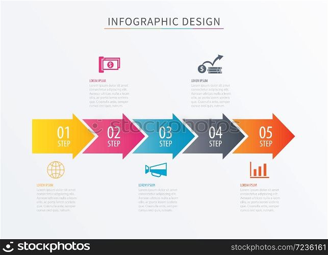 Infographics arrow number 5 step template. Vector Process chart background. Can be used for workflow layout, diagram, data, business options, banner, web design.