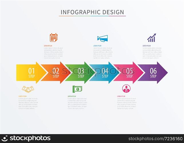 Infographics arrow number 6 step template. Vector Process chart background. Can be used for workflow layout, diagram, data, business options, banner, web design.