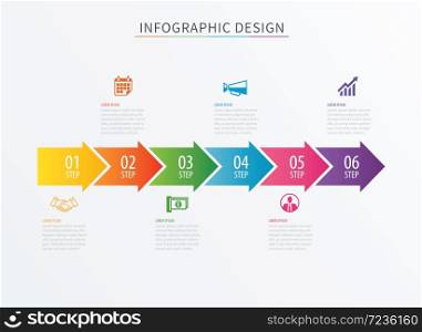 Infographics arrow number 6 step template. Vector Process chart background. Can be used for workflow layout, diagram, data, business options, banner, web design.