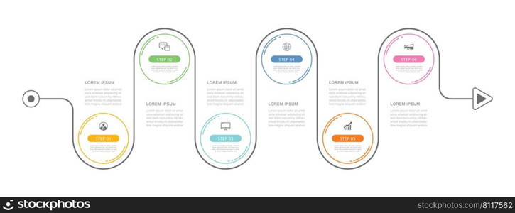 Infographics arrow timeline with 6 data template. Vector illustration abstract background. Can be used for workflow layout, business step, banner, web design.