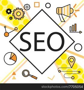 Infographics background seo optimization. SEO concept on white background in square frame. Diagrams, charts, gear and magnifier sign, megaphone. Increasing the visibility of the site in search engines. Infographics background seo optimization. SEO concept on white background in square frame