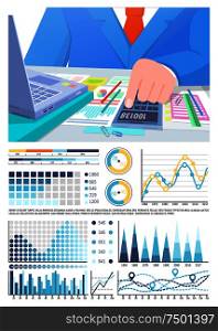 Infographics, calculations of businessman in suit vector. Organization and structuration of business information. Research accountant data management. Infographics , Calculations of Business man in Suit