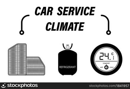 Infographics, car repair service. Refrigerant refueling, air filters and climate control in car. Set of vector icons