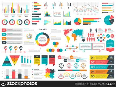 Infographics charts. Financial analysis data graphs and diagram, marketing statistic workflow modern business presentation elements vector investment progress icon set. Infographics charts. Financial analysis data graphs and diagram, marketing statistic workflow modern business presentation elements vector set