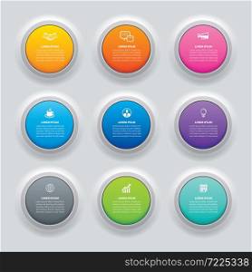Infographics circle button with 9 data template. Vector illustration abstract background. Can be used for workflow layout, business step, banner, web design.