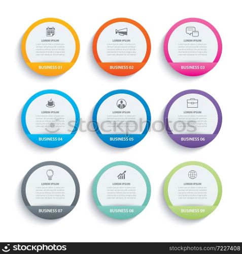 Infographics circle paper index with 9 data template. Vector illustration abstract background. Can be used for workflow layout, business step, banner, web design.