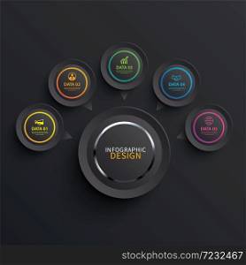 Infographics circle paper with 5 data template in dark background. Vector illustration abstract glossy. Can be used for workflow layout, business step, brochure, flyers, banner, web design.