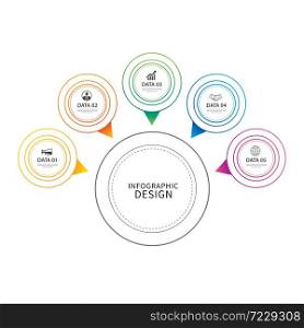 Infographics circle thin line with 5 data template. Vector illustration abstract background. Can be used for workflow layout, business step, brochure, flyers, banner, web design.
