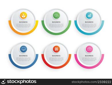 Infographics circle timeline with 6 data template. Vector illustration abstract background. Can be used for workflow layout, business step, banner, web design.