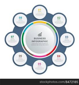 Infographics circle timeline with 8 number data template. Vector illustration abstract background.