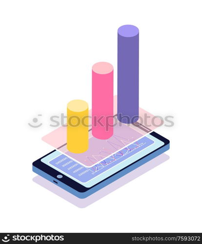 Infographics color in different colors vector. Smartphone with info chart showing frequency and optimization. Information displayed on cell screen. Mobile Phone Statisctics in Visual Representation
