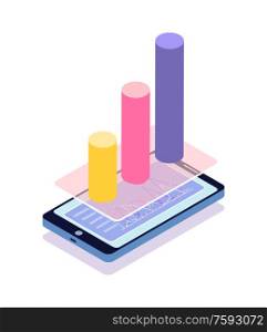 Infographics color in different colors vector. Smartphone with info chart showing frequency and optimization. Information displayed on cell screen. Mobile Phone Statisctics in Visual Representation