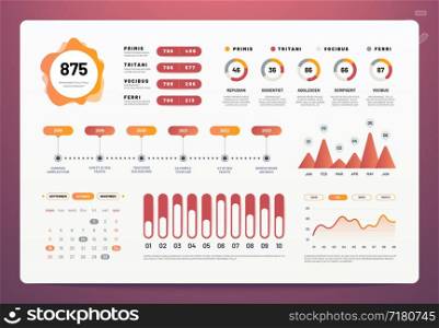 Infographics dashboard. Modern ui with statistics graphs, pie charts, workflow info chart. Website analytics vector template infographic and infochart, data marketing panel interface illustration. Infographics dashboard. Modern ui with statistics graphs, pie charts, workflow info chart. Website analytics vector template