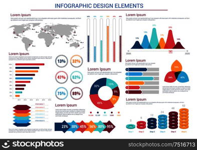Infographics design elements with pie charts and step diagram with circles, world map with pointers and silhouettes of ships, text layouts, bar graphs and histograms. Education, presentation, business infographic themes design. Infographics design charts and elements