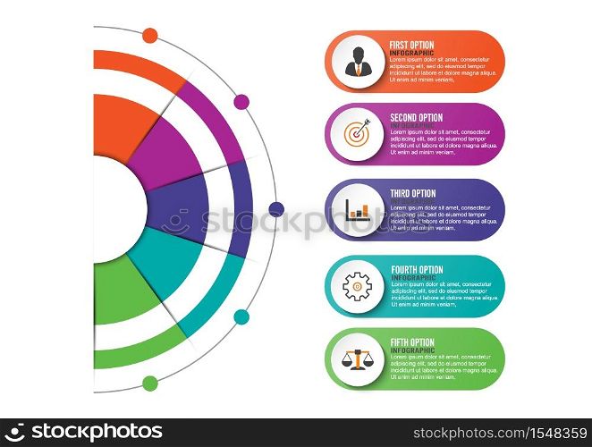 infographics design vector and marketing icons can be used for workflow layout, diagram, annual report, web design. Business concept with 5 options, steps or processes.