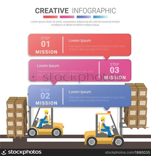 Infographics for logistic. Warehouse and storage equipment, Ready template for workflow layout, banner, number options, step up options, web design, diagram. illustration in flat Stanley