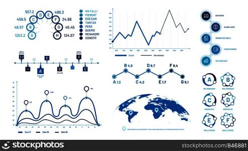 Infographics graph charts. Histogram data graphs, bubbles graphic timeline chart and diagram. Statistic charts, progress data diagram presentations. Isolated vector illustration signs set. Infographics graph charts. Histogram data graphs, bubbles graphic timeline chart and diagram vector illustration set