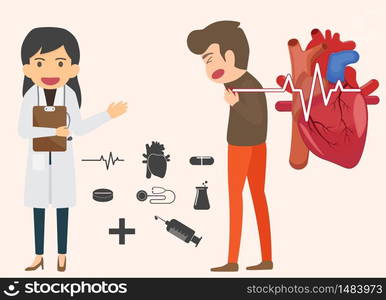 Infographics. Heart disease and acute pain possible heart attack elements. Vector illustrations. HEART ATTACK DISEASE.