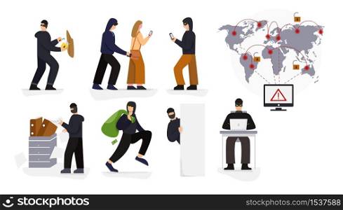 Infographics of hacker cyber crime with hacking and identity theft illustrations. Cyber attack of personal data, information, email. Vector drawing. Infographics of hacker cyber crime with hacking and identity theft illustrations
