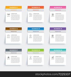 Infographics rectangle paper index with 9 data template. Vector illustration abstract background. Can be used for workflow layout, business step, banner, web design.