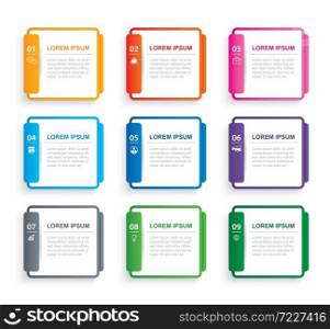 Infographics rectangle paper index with 9 data template. Vector illustration abstract background. Can be used for workflow layout, business step, banner, web design.