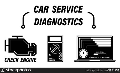Infographics, repair service. Computer diagnostics of car operation, checking car battery charge level using a tester, digital multimeter. Set of vector icons