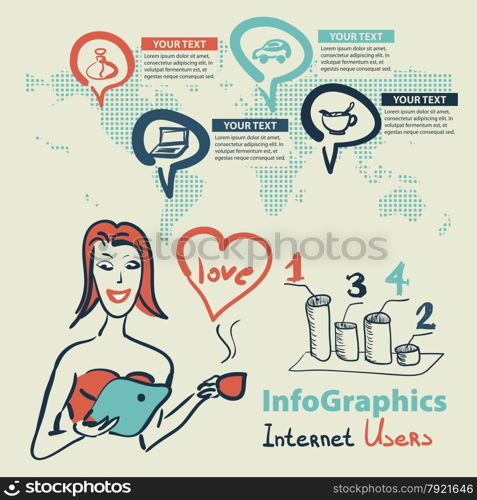 Infographics set in the style of a sketch of the global Internet users. Infographics set in the style of a sketch of the global Internet