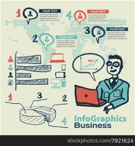 Infographics set in the style of a sketch of the global Internet users and business. Infographics set in the style of a sketch of the global Internet