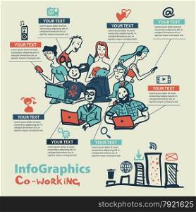 Infographics set in the style of a sketch of the global Internet users and coworking. Infographics set in the style of a sketch of the global Internet