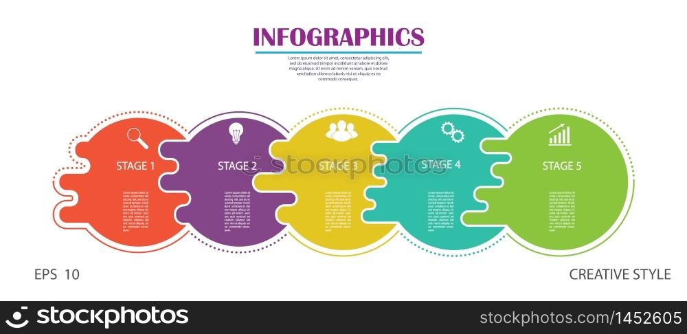 Infographics. Stock vector template of five stages. For web page design, charts, graphs, business plan and Finance, reporting and visual aid. Flat design.