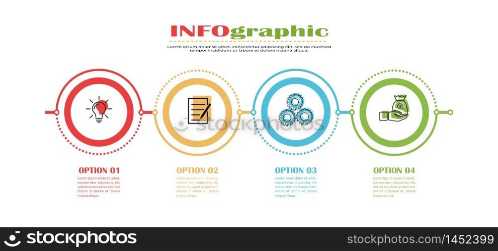 Infographics. Stock vector template of four stages. For web page design, charts, graphs, business plan and Finance, reporting and visual aid. Flat design.