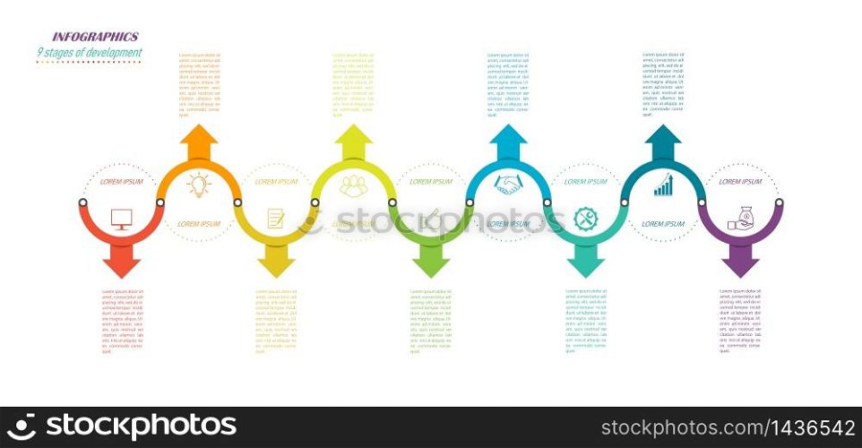 Infographics. Stock vector template of nine stages. For web page design, charts, graphs, business plan and Finance, reporting and visual aid. Flat design.